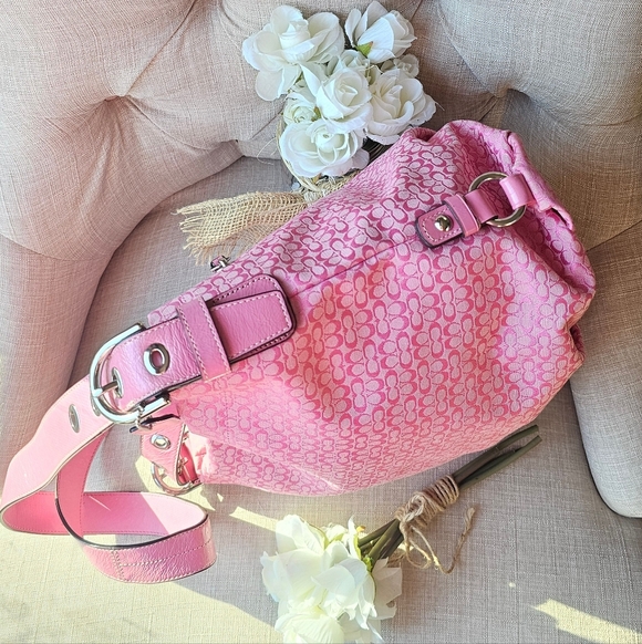 Coach Signature Jacquard Hobo Shoulder Bag Crossbody # 21041E ( Pink ) - Picture 6 of 16
